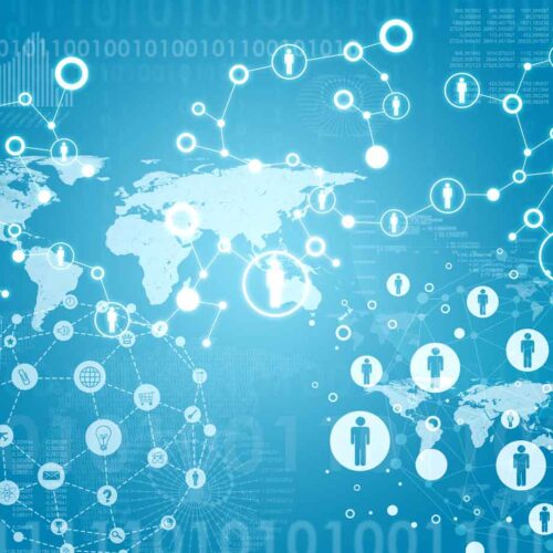 World graphic displaying a network of icons of people.